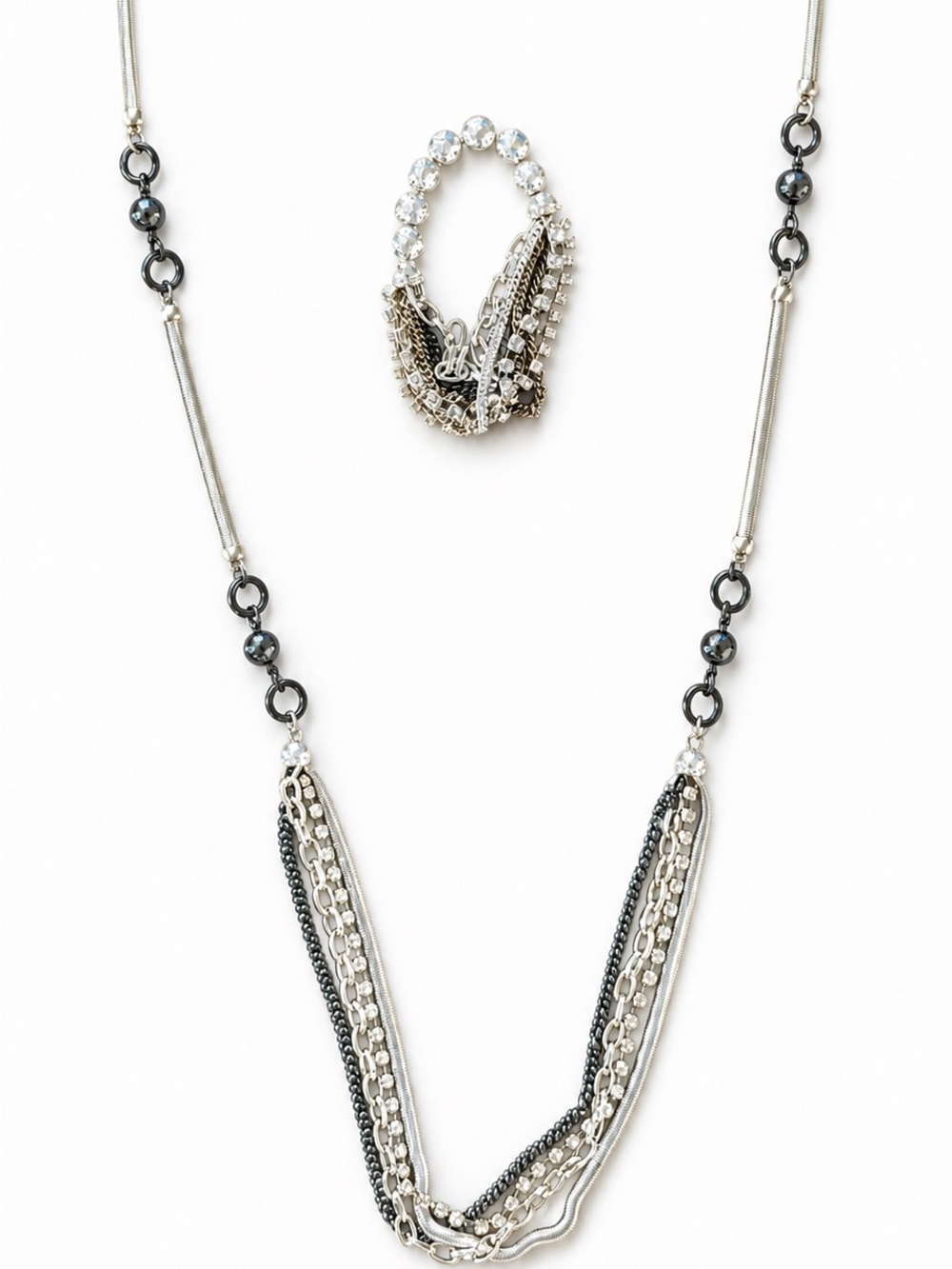 Silver & Gunmetal Multi-Strand Necklace + Stretch Bracelet Set | Statement Piece